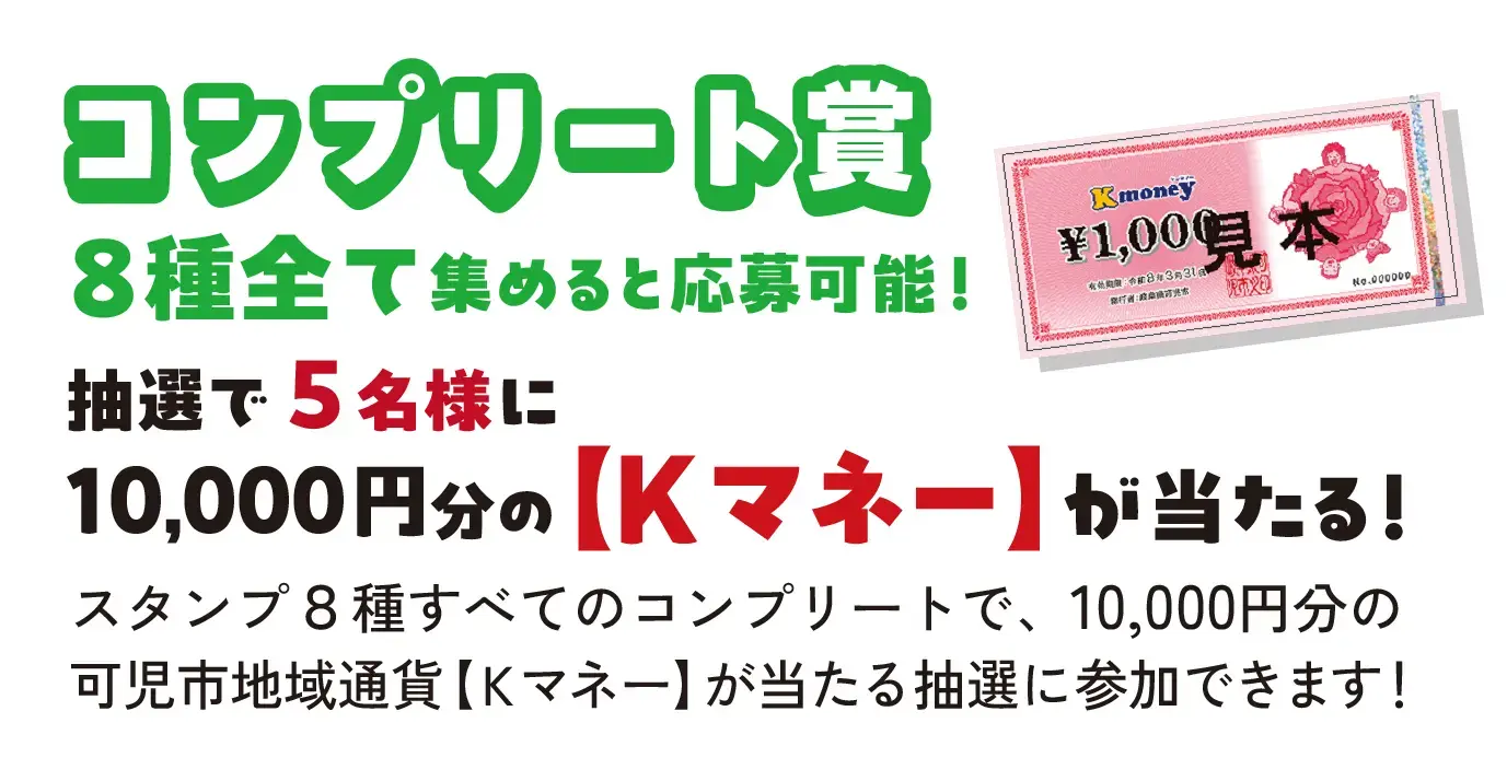 コンプリート賞 8種全て集めると応募可能！ 抽選で5名様に10,000円分の【Kマネー】が当たる！ スタンプ８種すべてのコンプリートで、10,000円分の可児市地域通貨【Kマネー】が当たる抽選に参加できます！